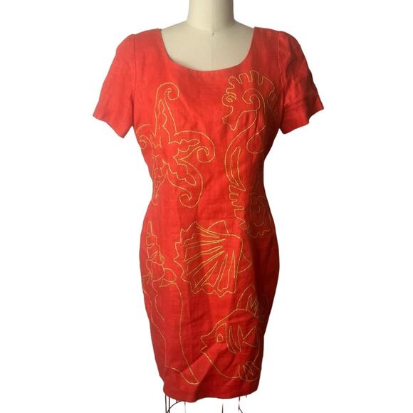 Vintage Santa Fe By Jim Tremslay Orange Linen Dress w Gold Sea Creatures Size 12 - Picture 1 of 5